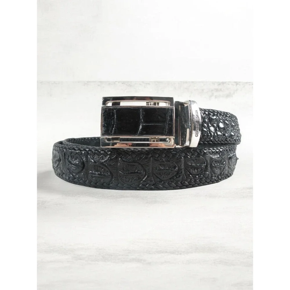 PELgio Genuine Siamese Crocodile Leather Black Belt Automatic Buckle 32